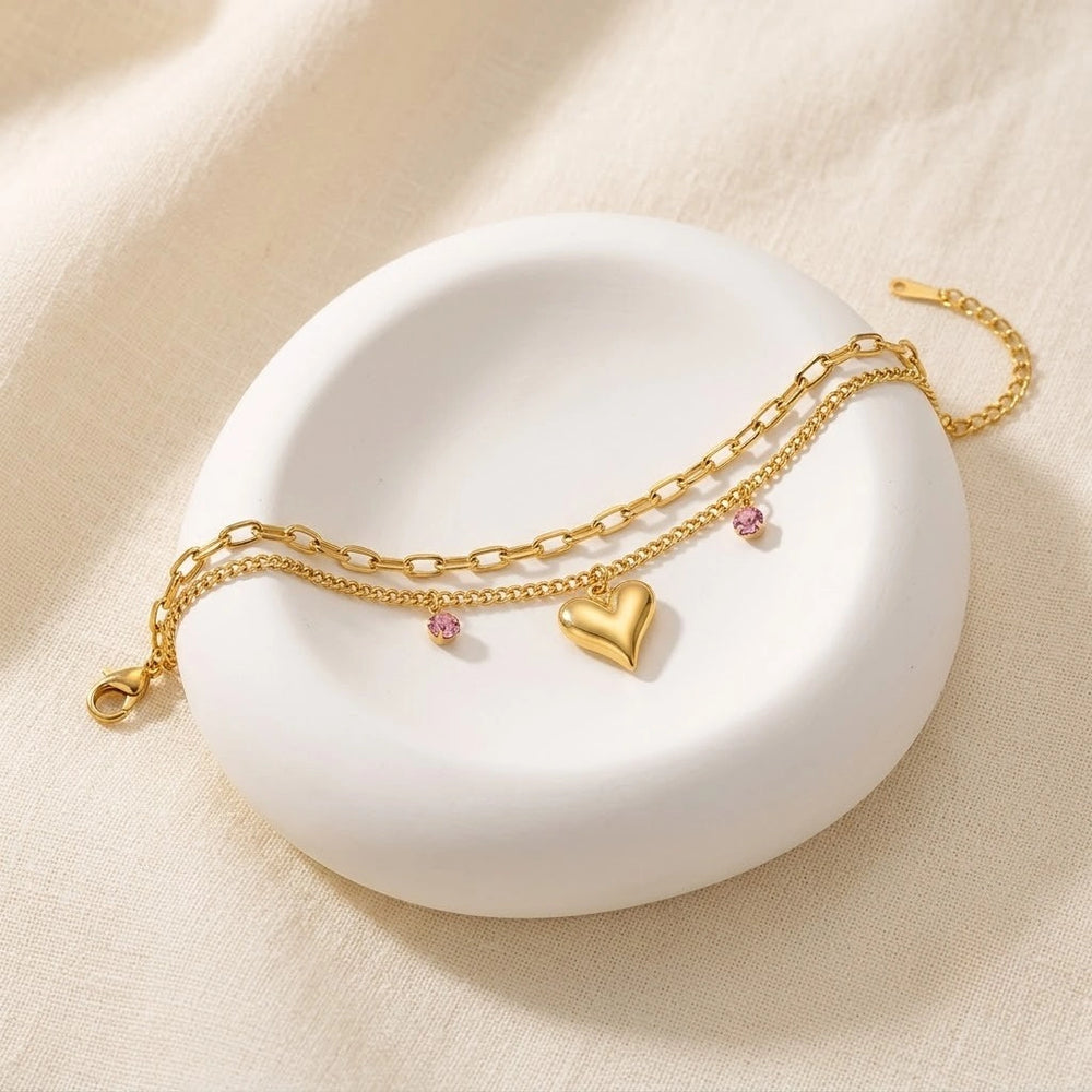 Korean Double Layer Heart & Pink Gem Anti Tarnish Gold Plated Bracelet