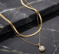 Double Layer Snake Chain & Square Crystal Pendant Necklace - Anti-Tarnish Gold Plated
