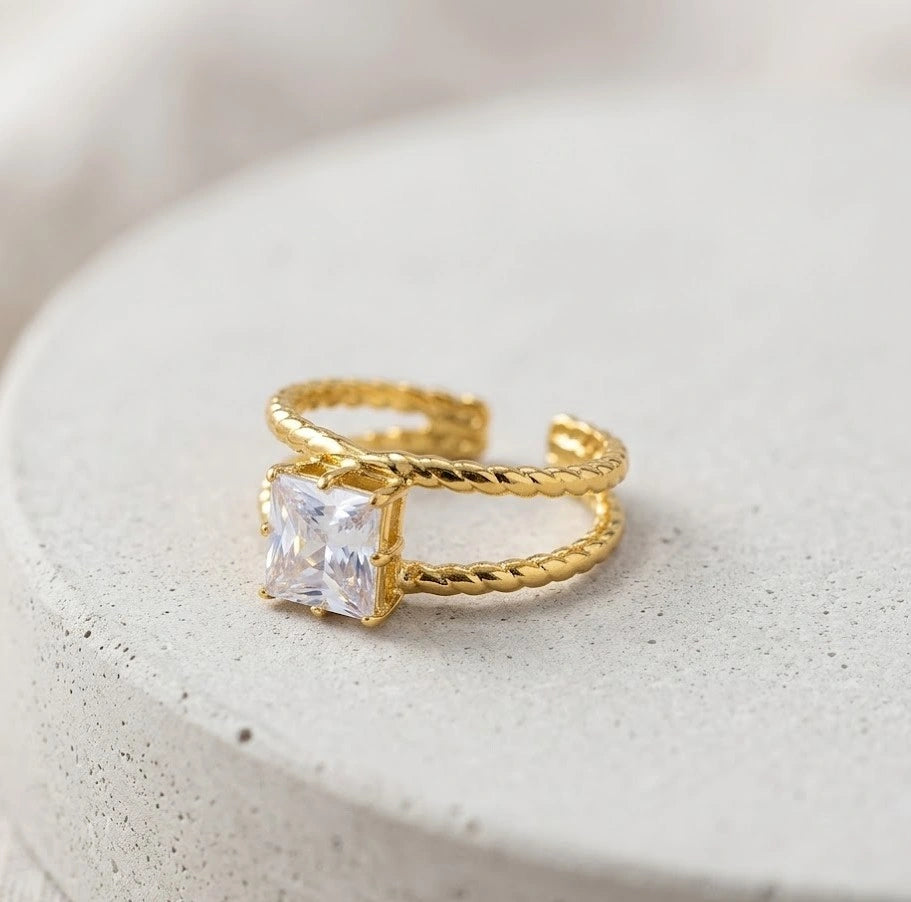 Square Zirconia Anti-Tarnish Double Layer Twisted Ring