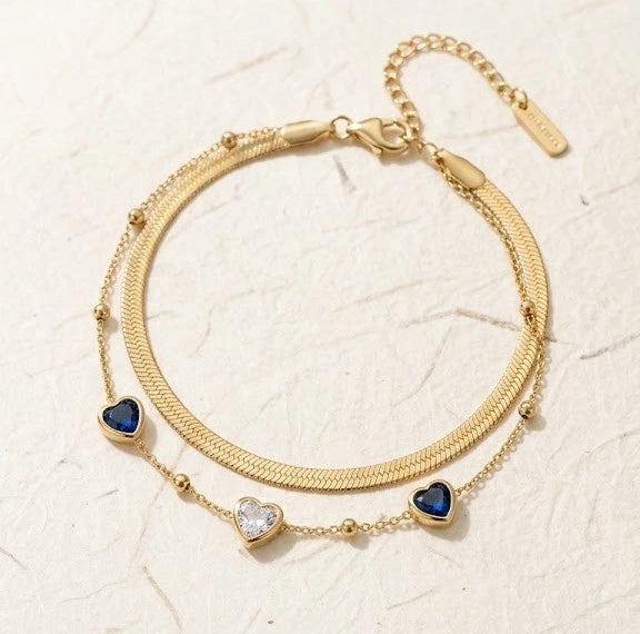 Double Layered Snake Chain Bracelet with Blue Heart Charms - Anti Tarnish