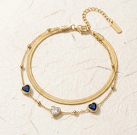 Double Layered Snake Chain Bracelet with Blue Heart Charms - Anti Tarnish