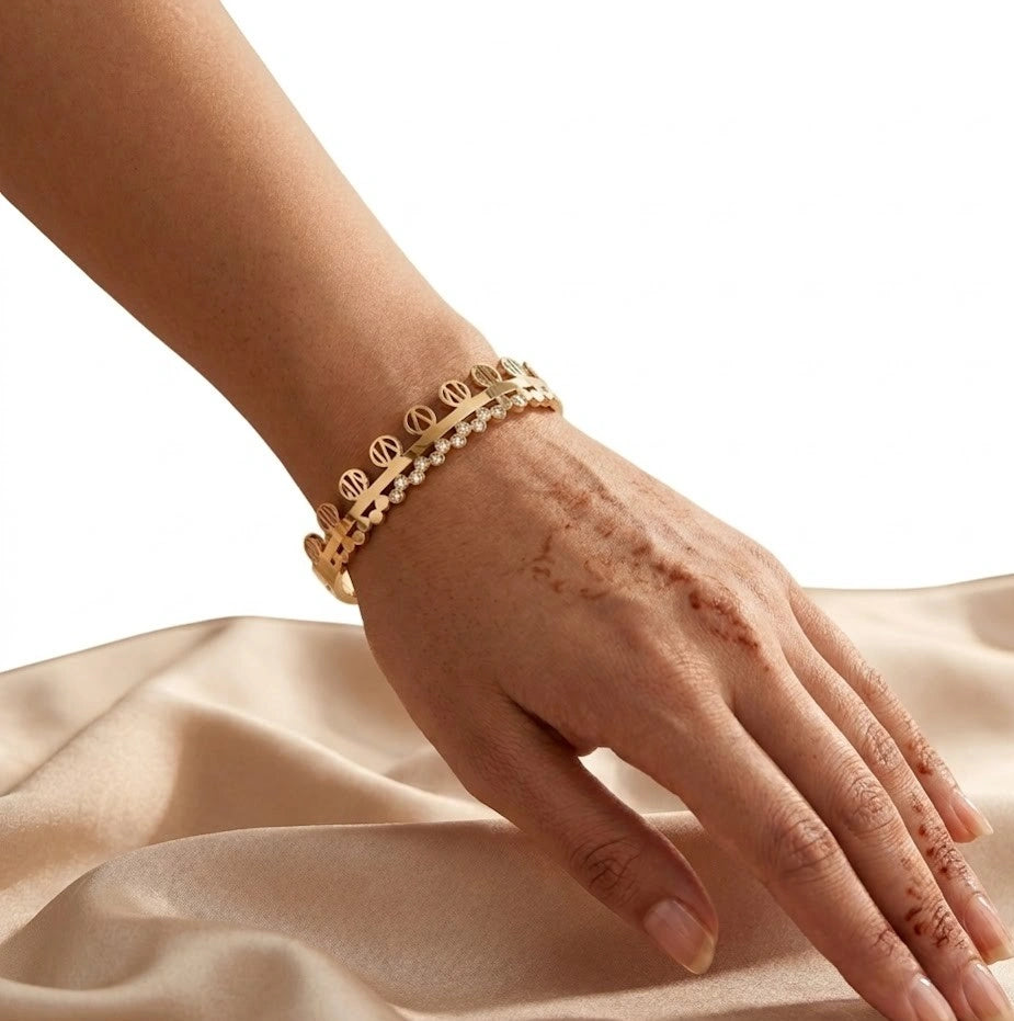 Double Layered Geometric Crystal Cuff Bracelet - Anti Tarnish