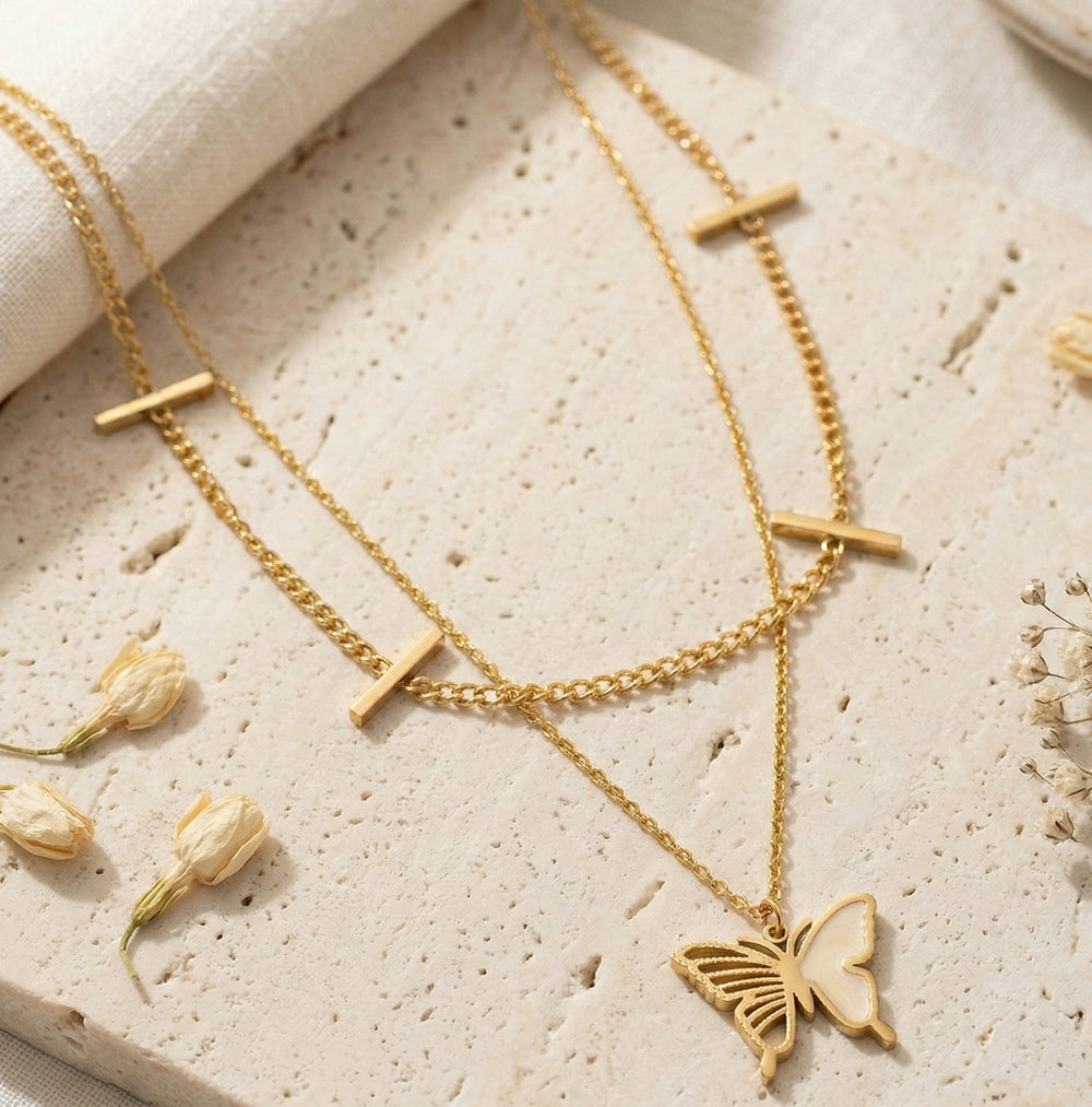 Anti-Tarnish Gold Plated Butterfly Layered Necklace | Pearl Inlay Double Chain