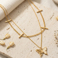Anti-Tarnish Gold Plated Butterfly Layered Necklace | Pearl Inlay Double Chain