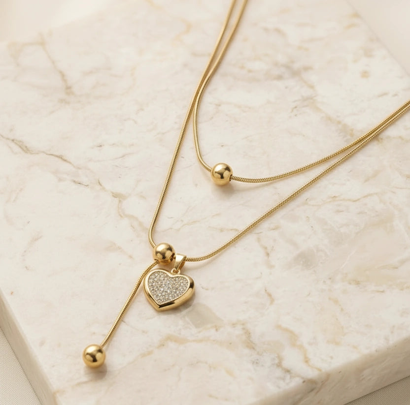 Anti-Tarnish Layered Heart Pendant Necklace | Gold Plated Snake Chain