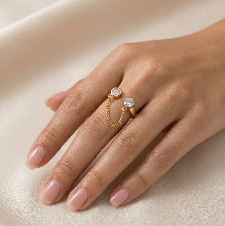 Dual Stone Chain Link Open Ring - Anti Tarnish Fashion Jewelry