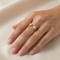 Dual Stone Chain Link Open Ring - Anti Tarnish Fashion Jewelry