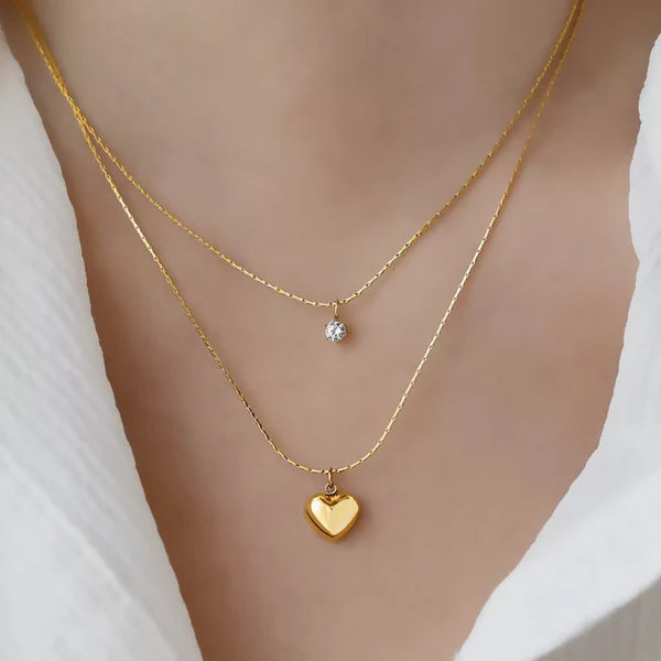 Double Layer Heart Necklace - Anti-Tarnish Gold Plated Snake Chain with Solitaire Stone - MONCHERI