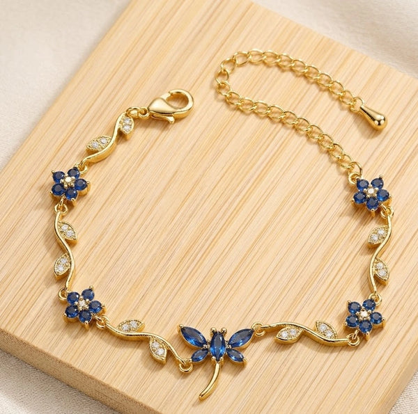 Tulip Dragonfly Blue Floral Anti Tarnish Gold Plated Bracelet