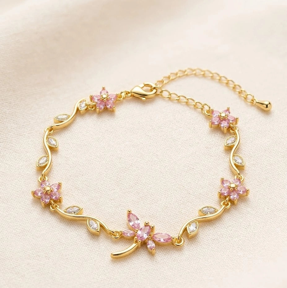 Tulip Pink Flower and Dragonfly Anti Tarnish Gold Plated Bracelet for Women