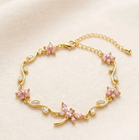Tulip Pink Flower and Dragonfly Anti Tarnish Gold Plated Bracelet for Women