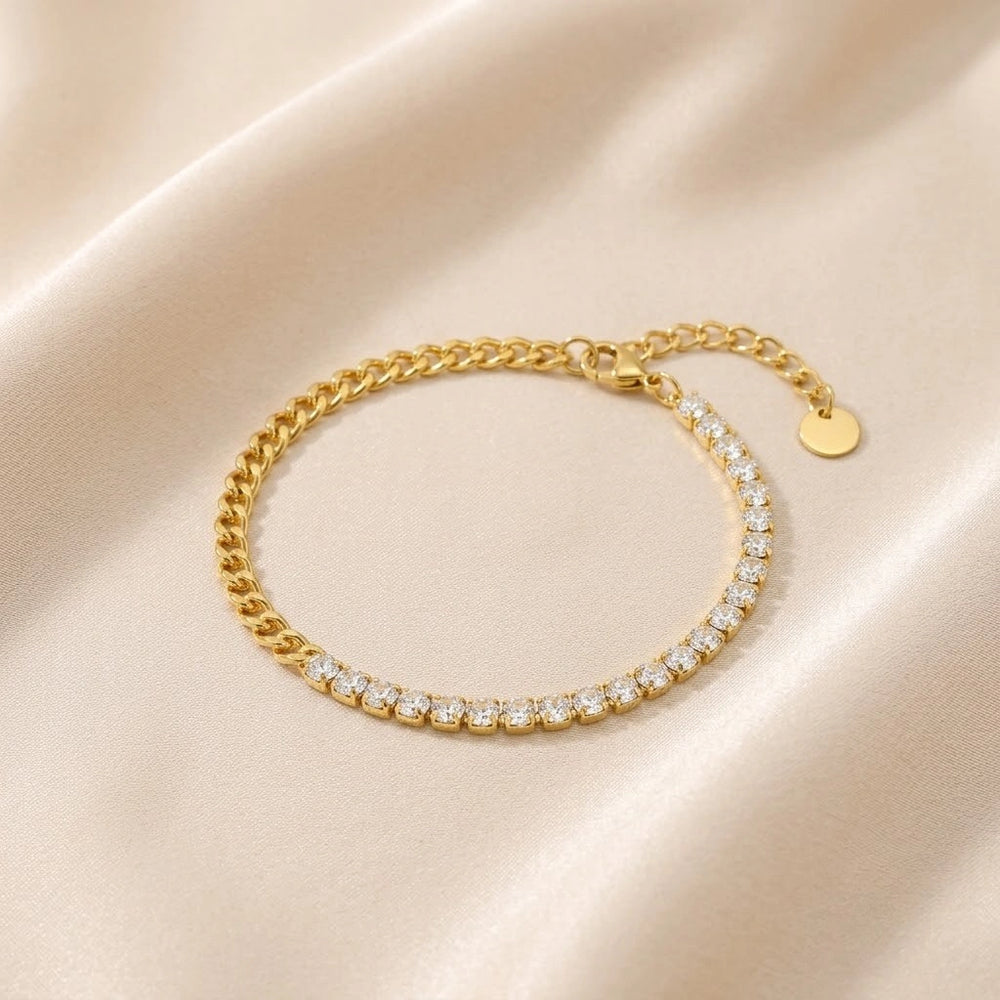 Half Tennis Half Link Chain Bracelet - Anti Tarnish Gold Plated
