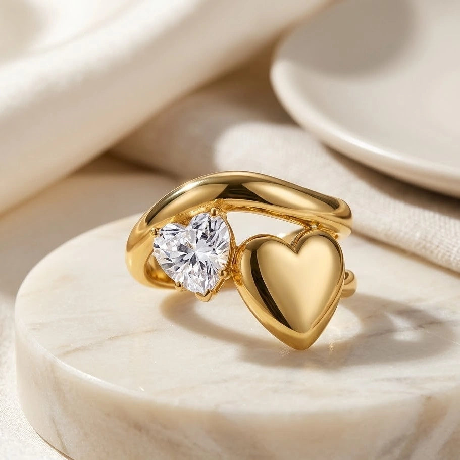 Dual Heart Gold Plated Anti-Tarnish Ring | CZ Sparkle & Smooth Finish