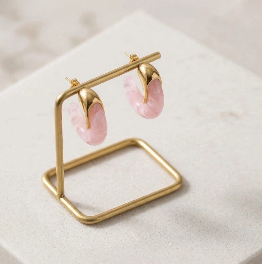 Pink Resin Statement Hoop Earrings - Dual Tone Chunky Fashion Jewelry