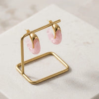 Pink Resin Statement Hoop Earrings - Dual Tone Chunky Fashion Jewelry