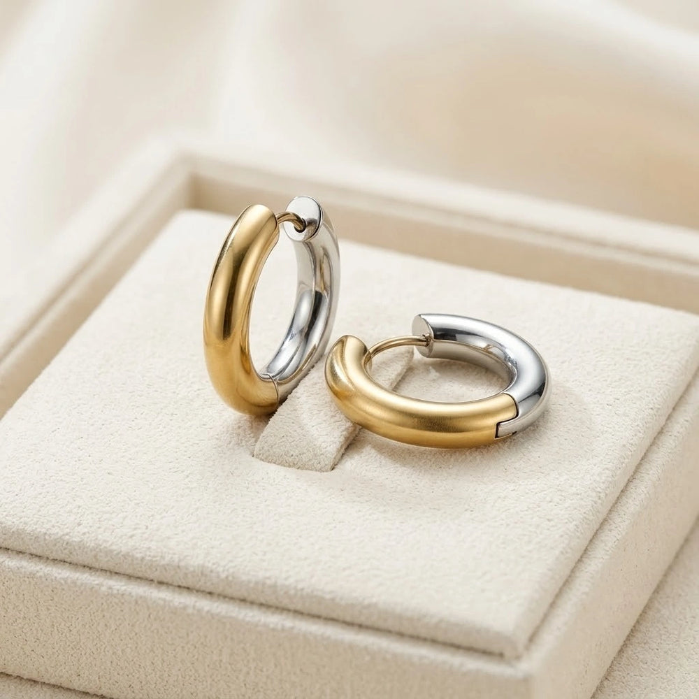 Dual Tone Chunky Hoop Earrings - Anti Tarnish Gold Plated | Moncheri