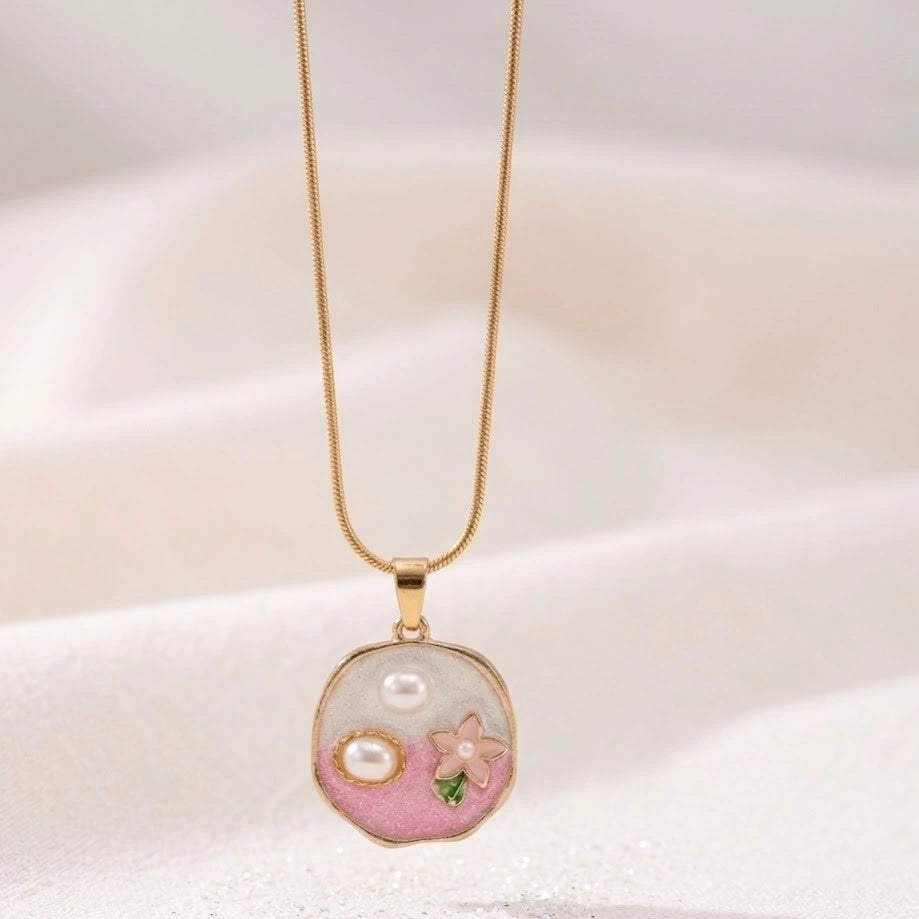Floral Pearl Enamel Pendant Necklace - Anti Tarnish Fashion Jewelry