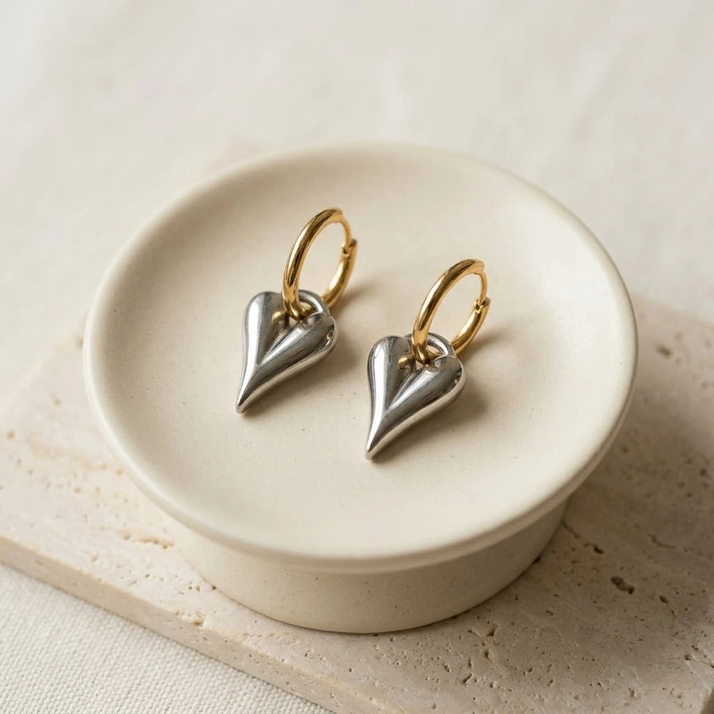 Dual Tone Heart Drop Hoop Earrings - Anti Tarnish Gold Plated