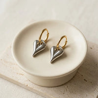 Dual Tone Heart Drop Hoop Earrings - Anti Tarnish Gold Plated