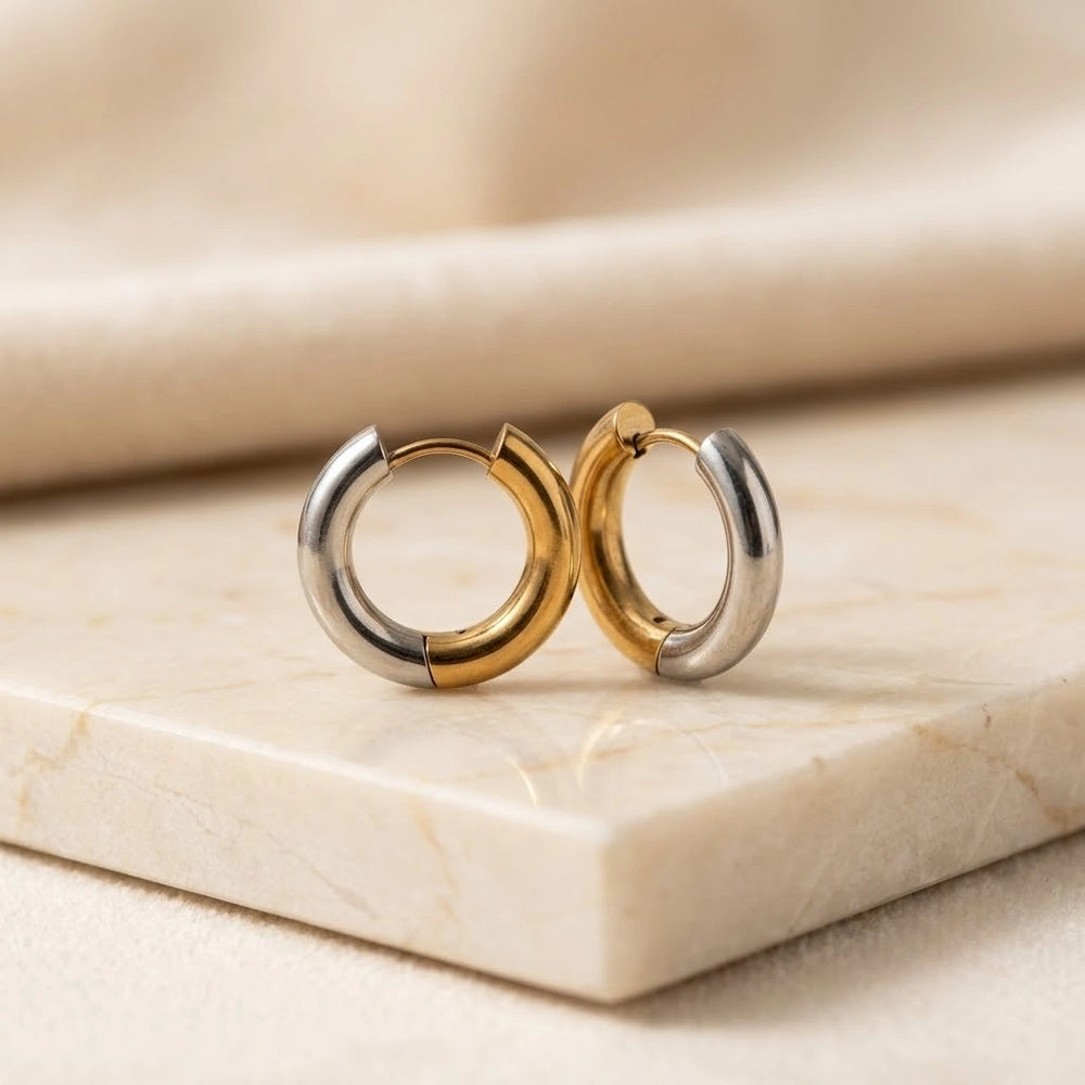 Dual Tone Chunky Hoop Earrings - Anti Tarnish Gold Plated | Moncheri