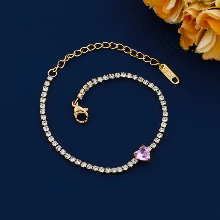 Pink Heart Tennis Bracelet | Anti-Tarnish Gold Plated