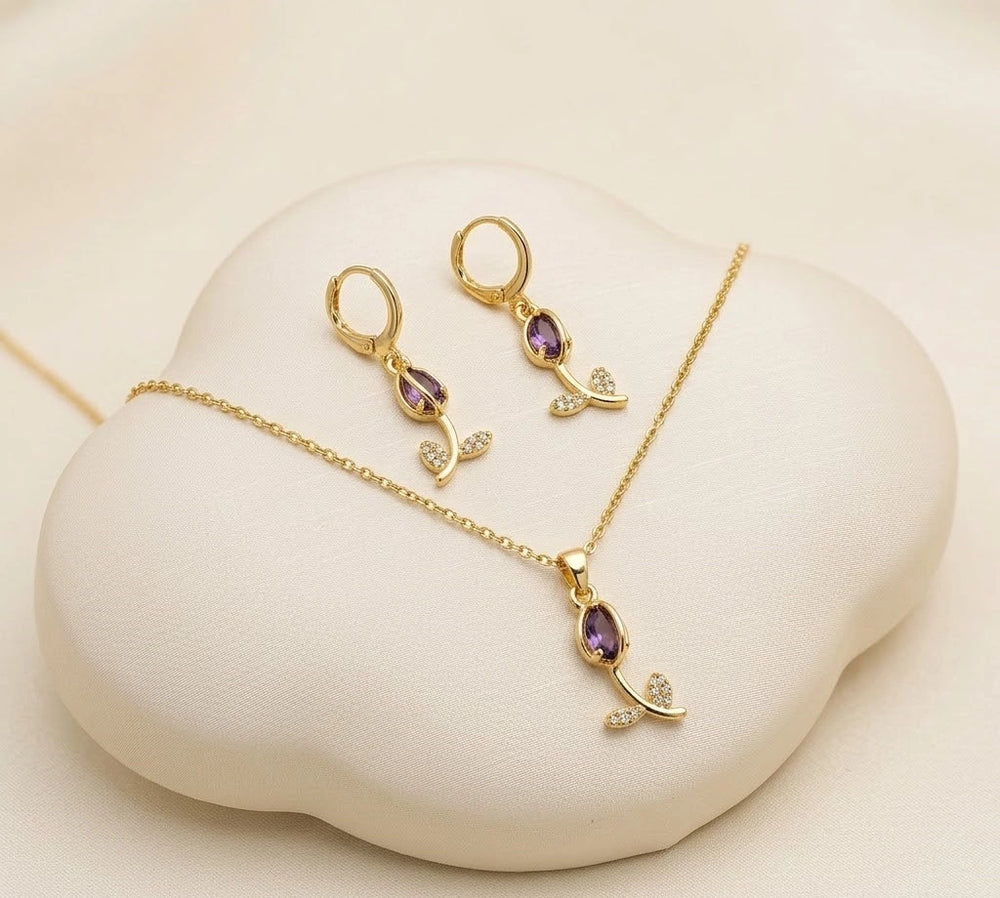 Purple Crystal Floral Drop Jewelry Set - Anti Tarnish Gold Plated Necklace & Earrings-Tulip