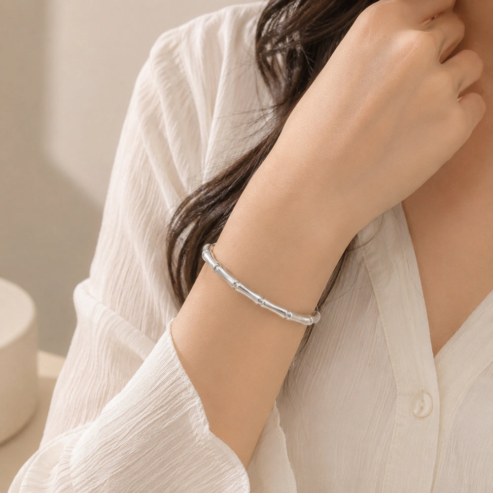 Premium Silver Bamboo Joint Bracelet | Elegant Minimalist Bangle for Women