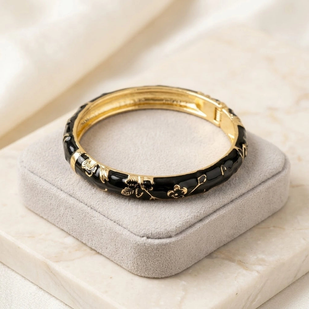 Black Enamel Gold Floral Bangle | Vintage Hinged Bracelet
