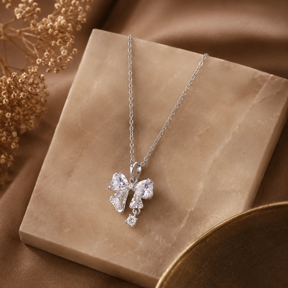 Anti-Tarnish Crystal Bow Necklace for Women | Dainty Minimalist Pendant