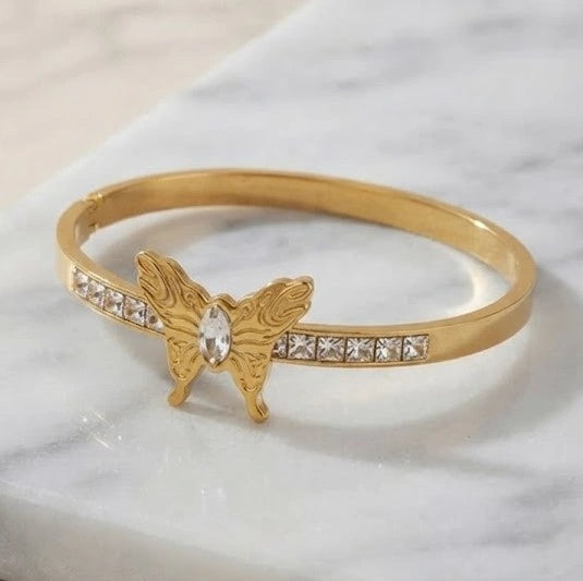 Butterfly Zirconia Gold Plated Bangle - Anti Tarnish Charm Bracelet for Women