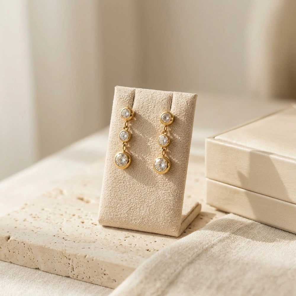 Triple Stone Drop Dangle Earrings - Anti Tarnish Gold Plated