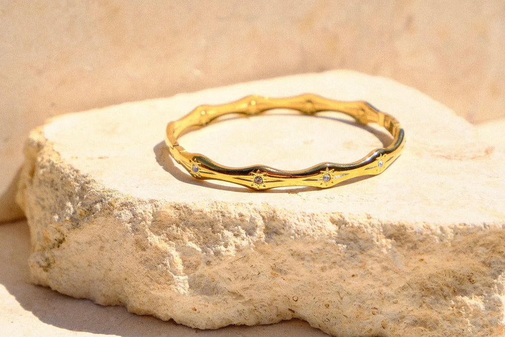 Crystal Studded Wavy Bangle - Anti-Tarnish Gold-Plated Bracelet