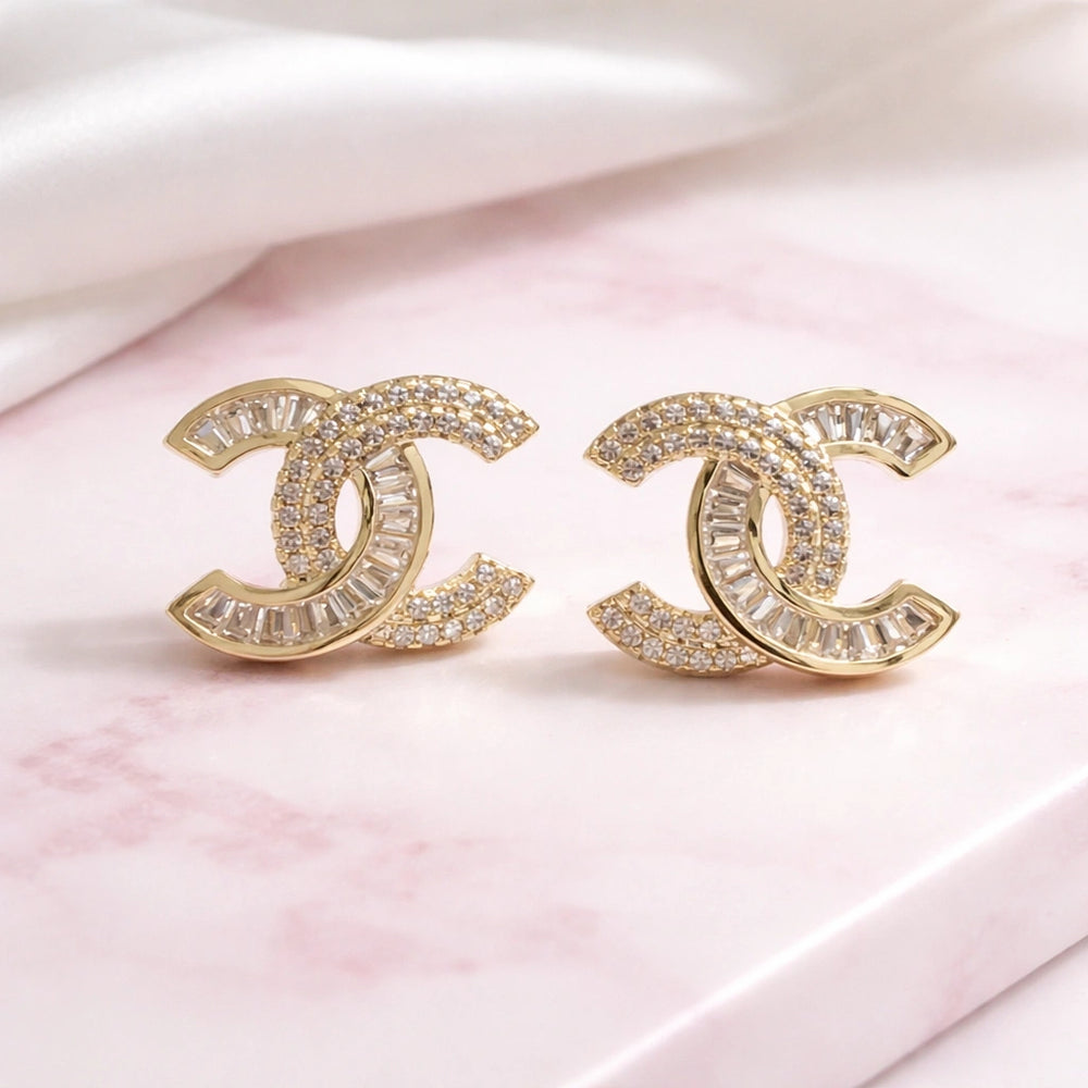 Double C Interlocking Pave Stud Earrings - Premium Gold Crystal Fashion Jewelry
