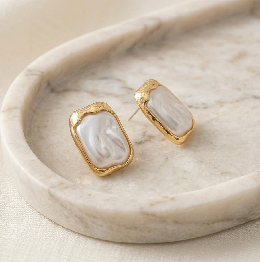 Baroque Pearl Earrings - Rectangular Gold Framed Vintage Studs for Women