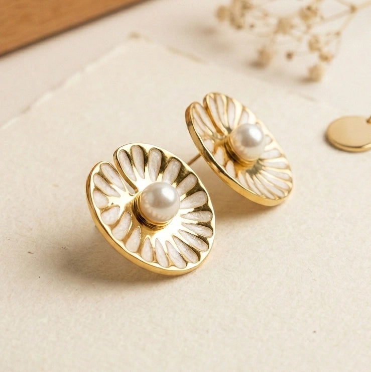 Gold Floral Pearl Stud Earrings | Premium White Enamel Fashion Jewelry