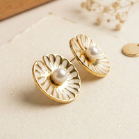 Gold Floral Pearl Stud Earrings | Premium White Enamel Fashion Jewelry