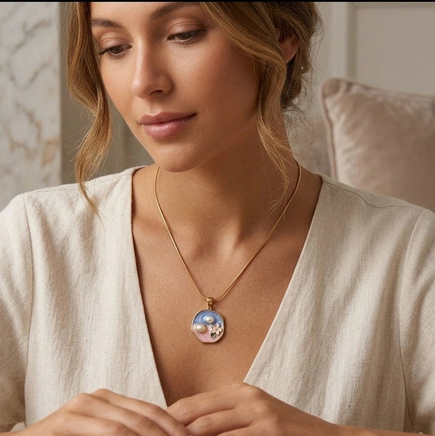 Enamel Floral Pearl Pendant Necklace - Anti Tarnish Gold Plated