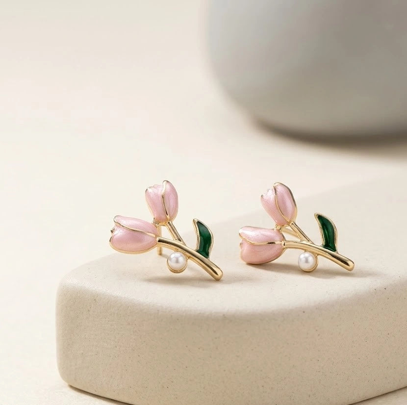 Tulip Flower Pink Enamel Earrings with Pearl Accents - High Quality Fashion Jewelry