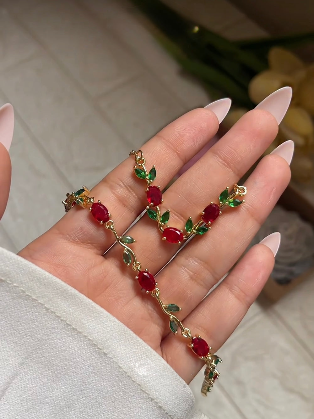 Elegant Floral Vine Red & Green Stone Gold-Plated Jewelry Set
