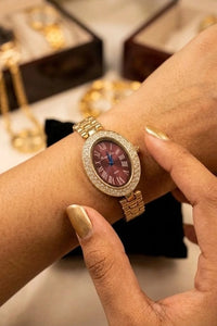 Vintage Glam Oval Burgundy Dial Anti-Tarnish Gold Plated Watch