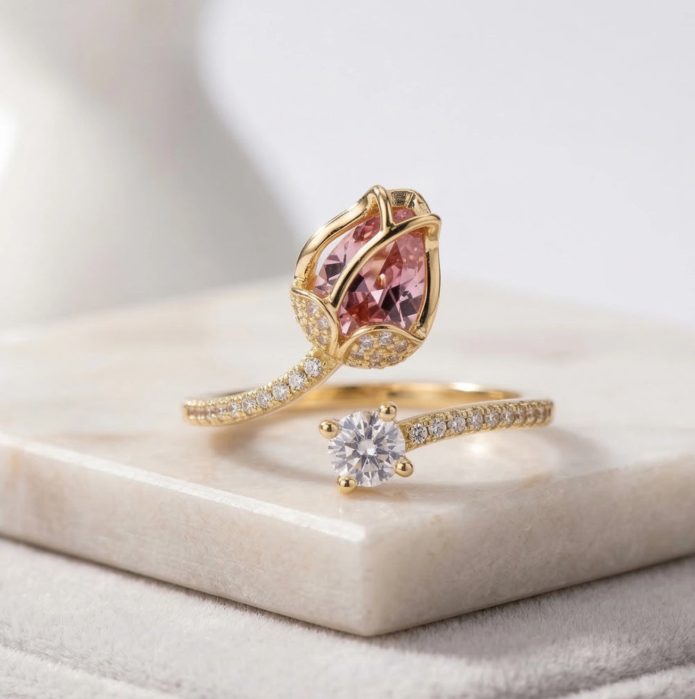 Pink Pear & Round Stone Gold Pave Open Fashion Ring