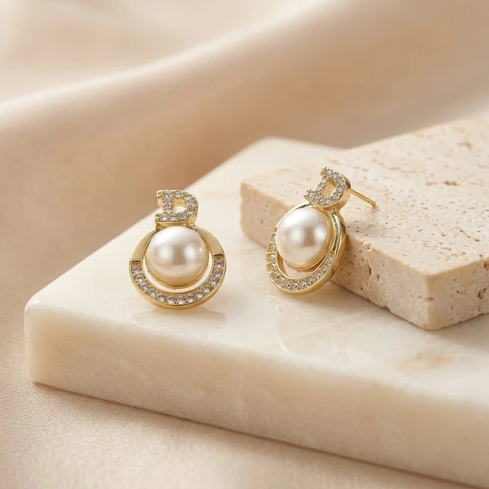 Letter D Pearl Stud Earrings - Premium Korean Aesthetic Gold Fashion Jewelry