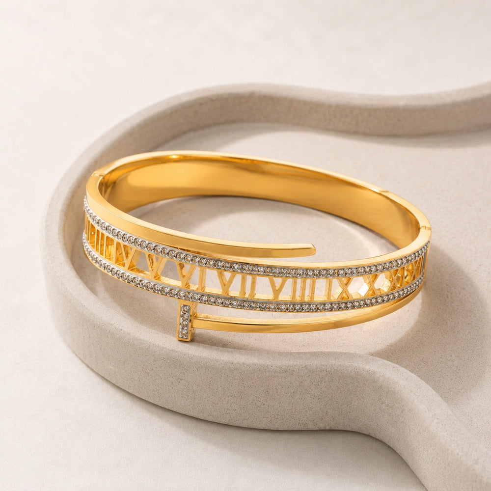 Roman Numeral Layered Cuff Bracelet | Anti-Tarnish Gold-Plated