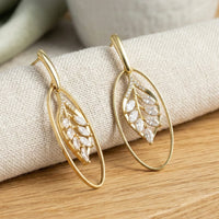 Leaf Motif Crystal Oval Drop Earrings - Anti Tarnish Gold Plated