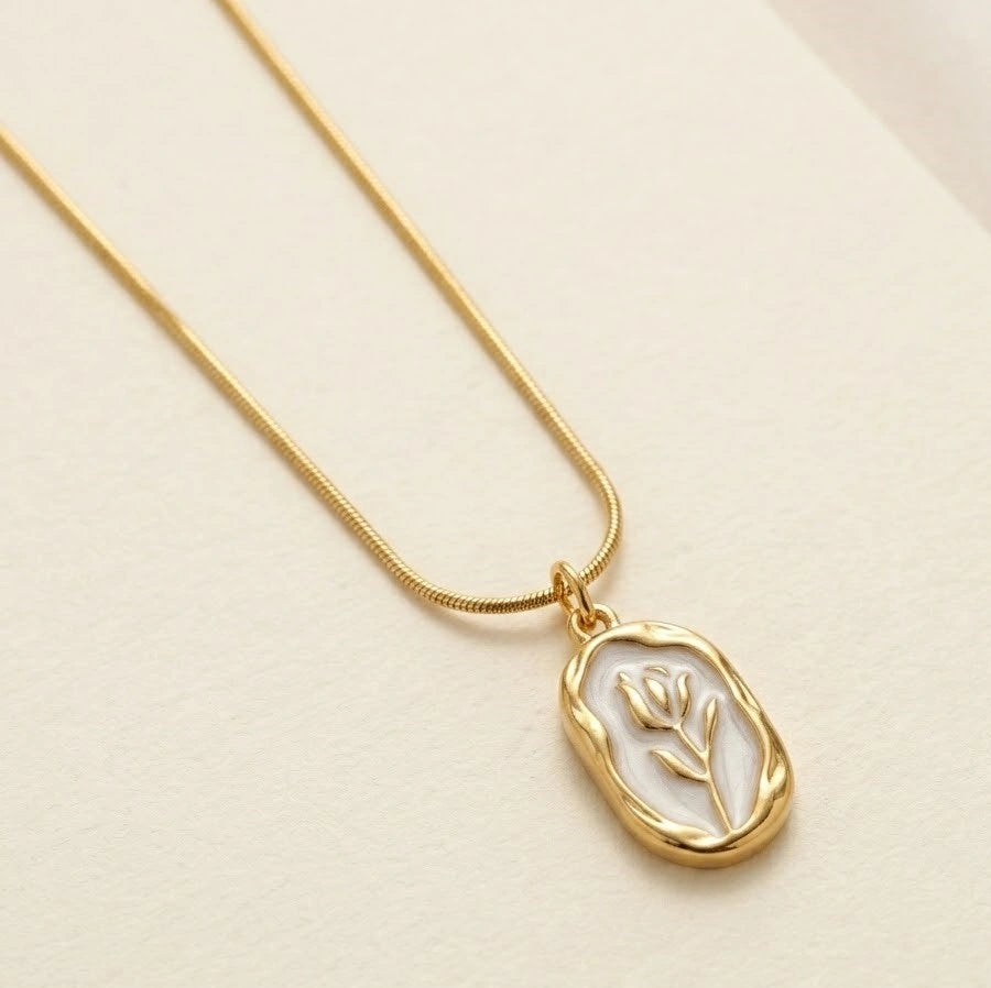 Floral Motif Enamel Pendant Necklace - Anti-Tarnish Gold-Plated Jewellery
