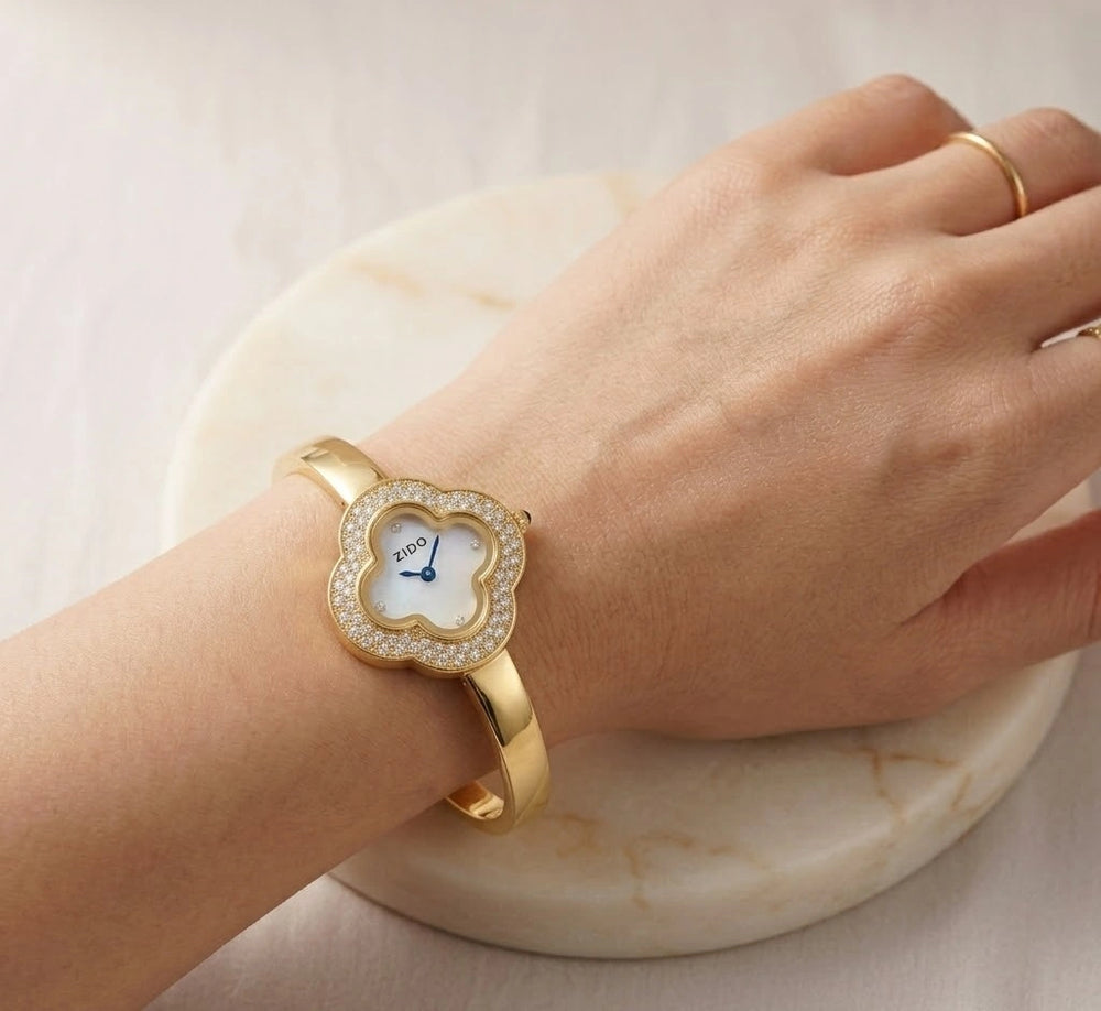 Premium Clover Anti-Tarnish Gold Plated Bangle Watch for Women