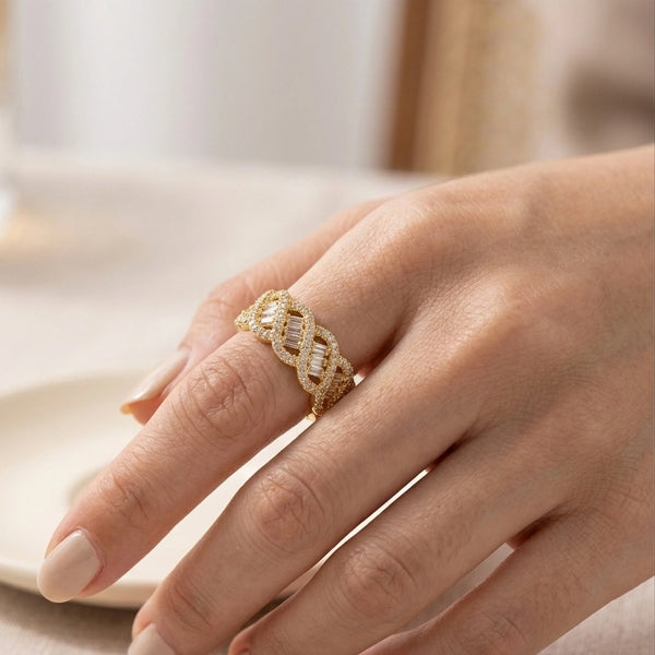 Gold Braided Baguette Fashion Ring | Twisted Pave Statement Jewelry
