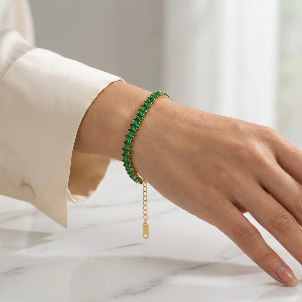 Emerald Green Stone Tennis Bracelet - Anti-Tarnish Gold Plated