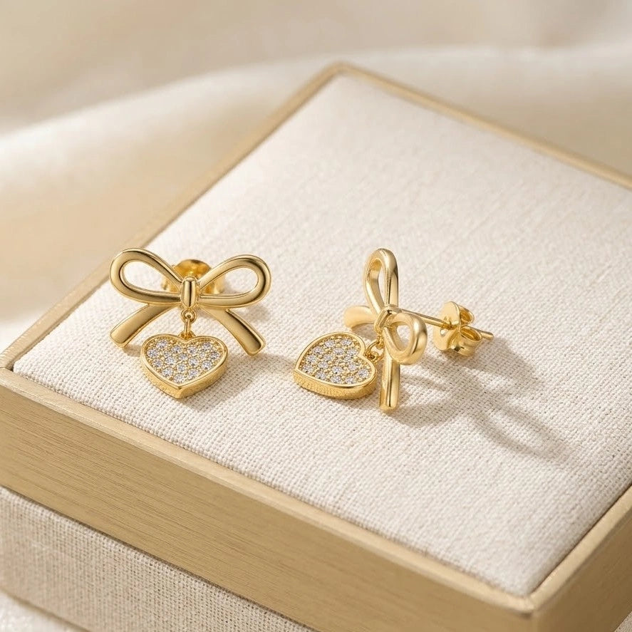 Premium Gold Bow and Crystal Heart Drop Earrings for Women