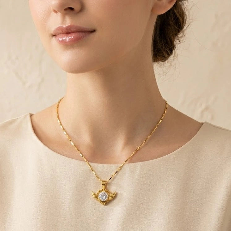 Angel Wings Heart Crystal Necklace - Anti Tarnish Gold Plated